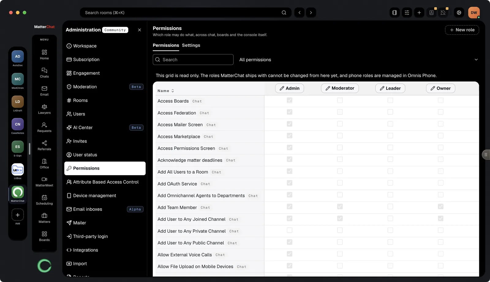MatterChat desktop app, Administration: the Permissions grid listing what Admin, Moderator, Leader and Owner roles may do across chat, boards and the console