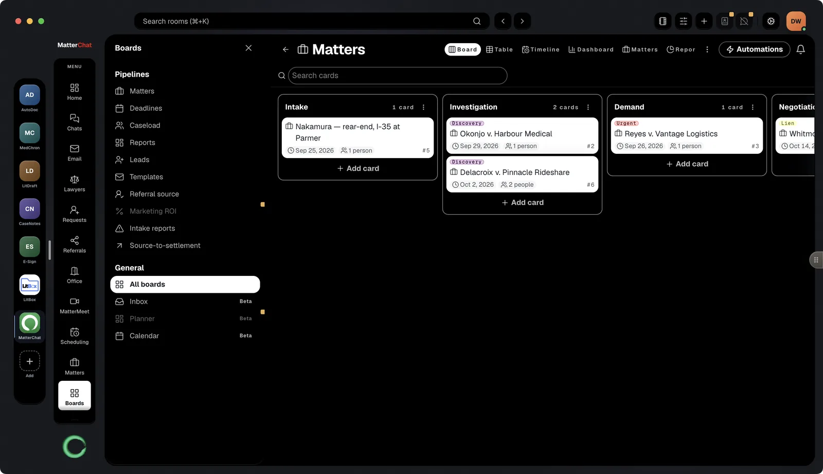 MatterChat desktop app: the Matters board with cards grouped by stage — Intake, Investigation, Demand, Negotiation — and the Automations button