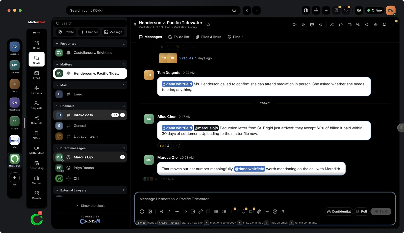 The MatterChat desktop app: the Henderson v. Pacific Tidewater matter channel, with messages, a thread and the channel list