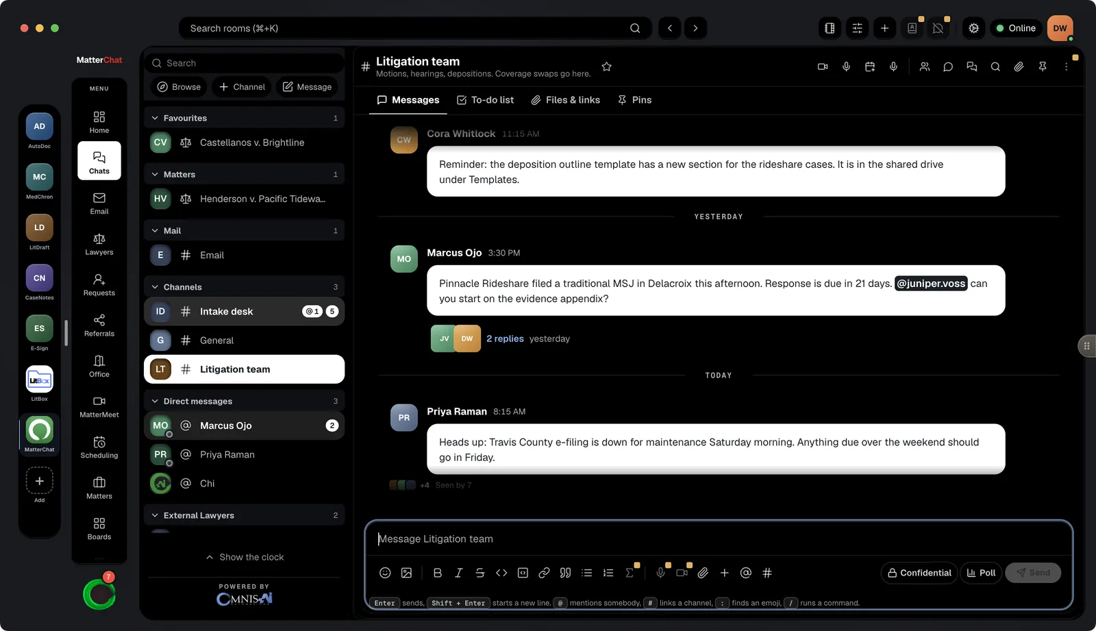 MatterChat desktop app: the Litigation team channel with Messages, To-do list, Files & links and Pins tabs, a threaded reply and the message composer