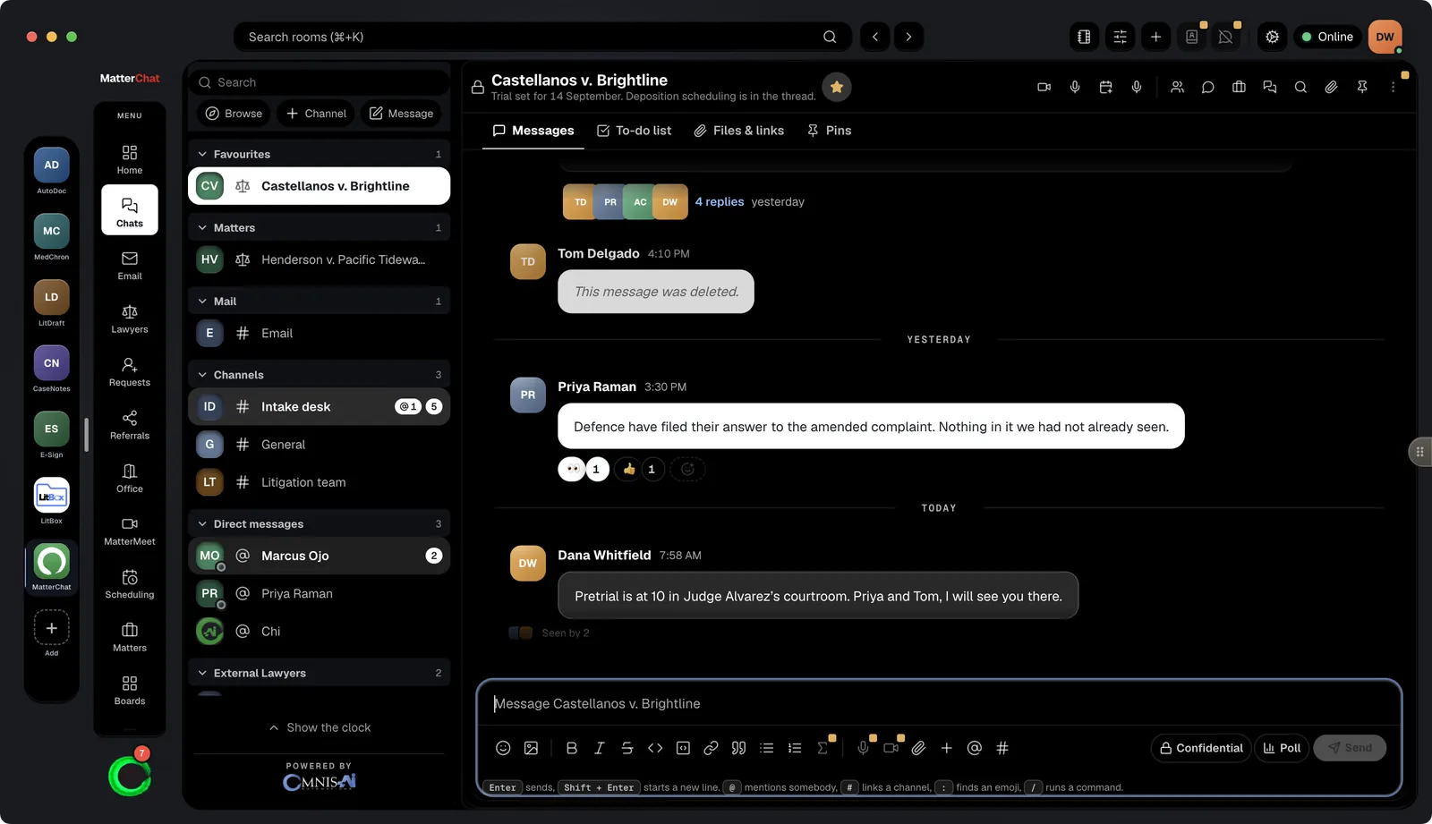 MatterChat desktop app: the Castellanos v. Brightline matter room with its conversation, thread replies and reactions