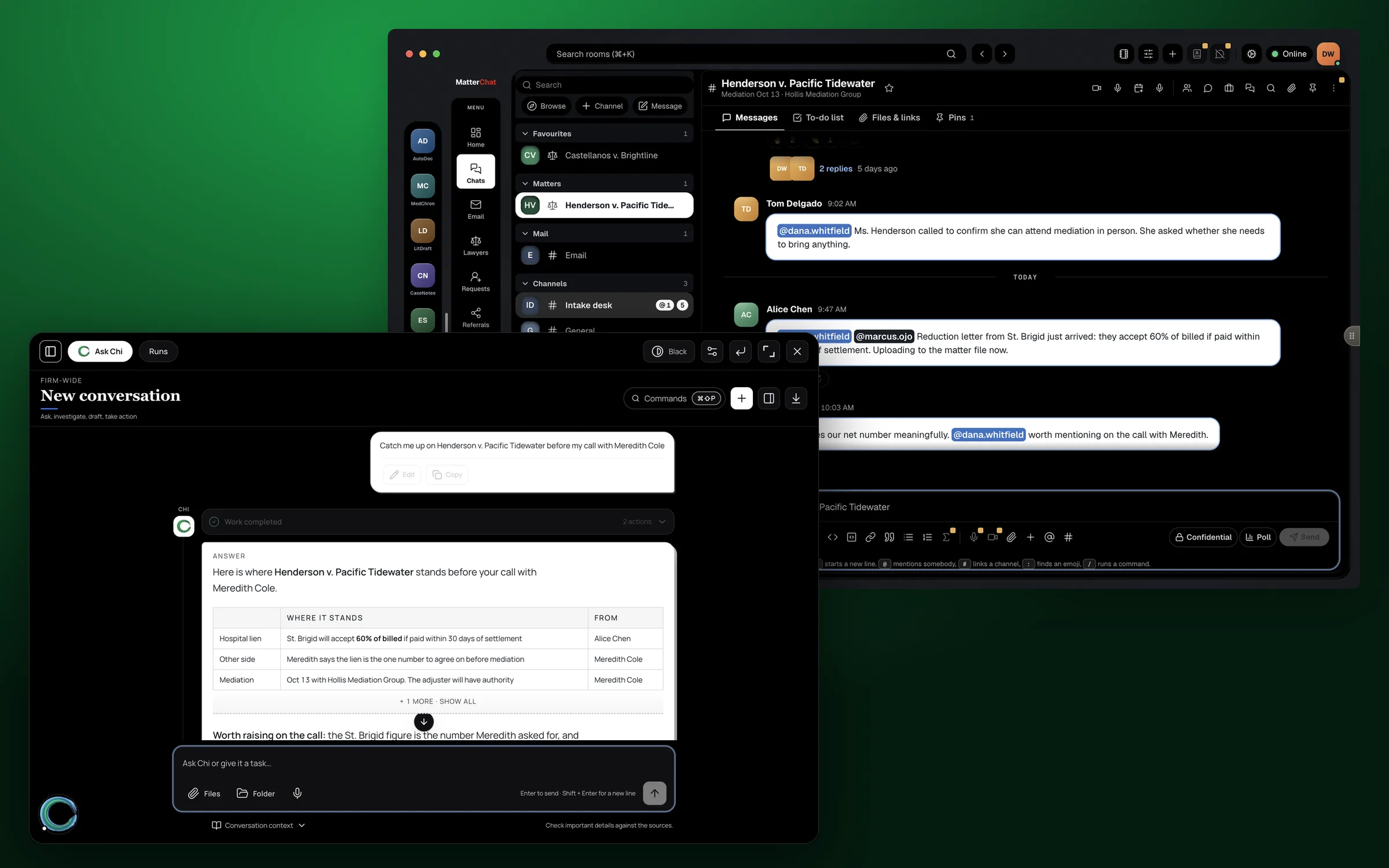 Chi open as a full panel over the MatterChat desktop app, answering a catch-up question about a matter with a sourced table