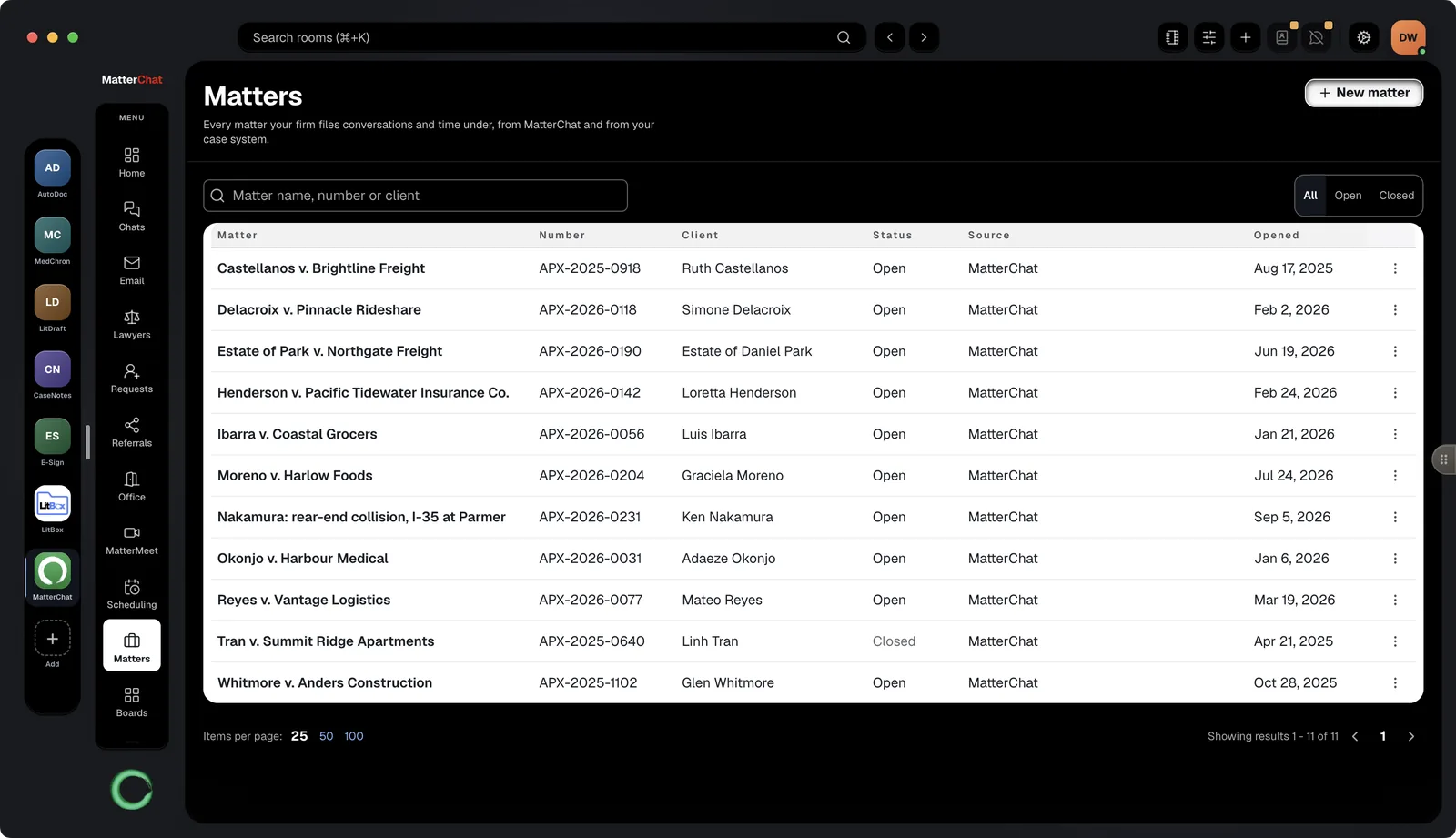 MatterChat desktop app: the Matters list — matter name, number, client, status, source and opened date — with a New matter button